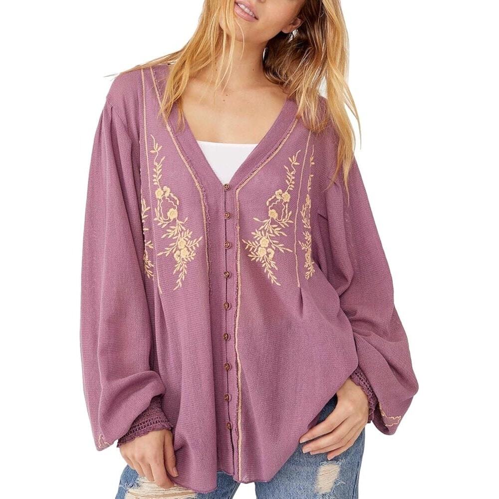 Free People Margie Embroidered Button Top Dusty Violet Boho Balloon Sleeve Large